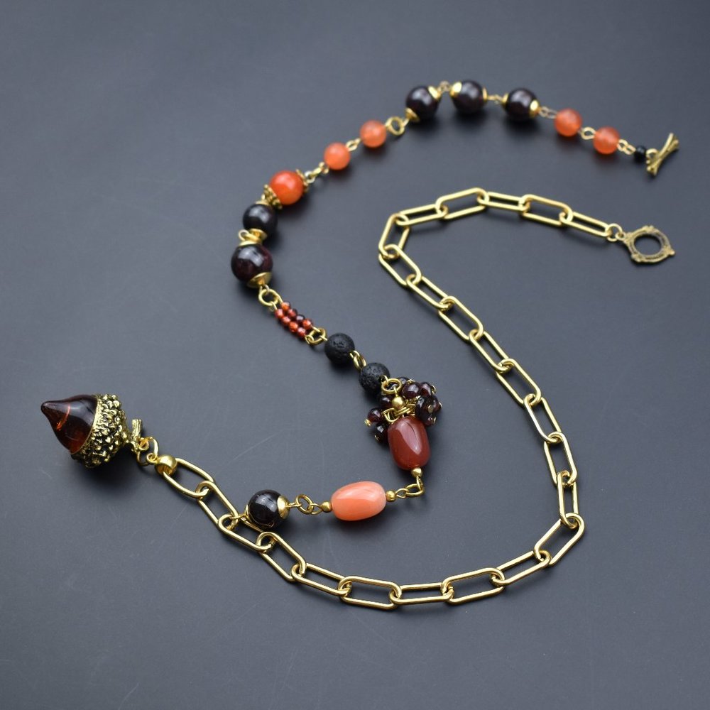 Large long boho pendant necklace, quirky glass acorn charm necklace